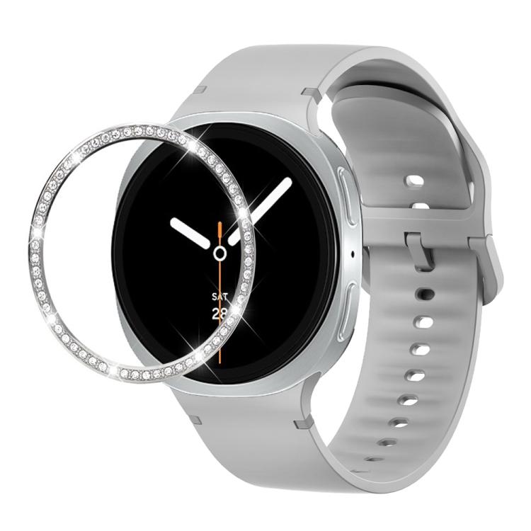 For Samsung Galaxy Watch8 40mm Diamond Bezel and Solid Color Stitched Silicone Watch Band(Gray Silver)
