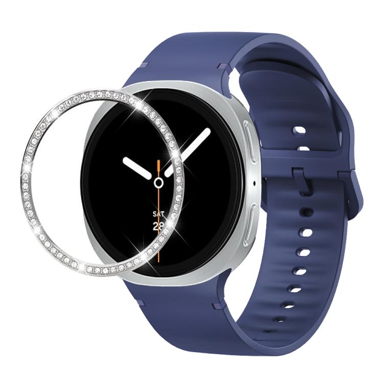 For Samsung Galaxy Watch8 40mm Diamond Bezel and Solid Color Stitched Silicone Watch Band(Midnight Blue Silver)
