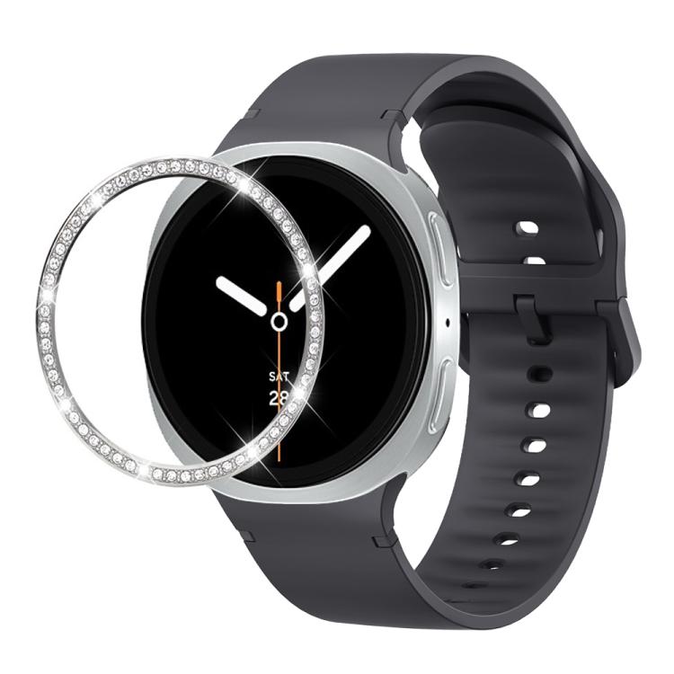 For Samsung Galaxy Watch8 40mm Diamond Bezel and Solid Color Stitched Silicone Watch Band(Dark Gray Silver)