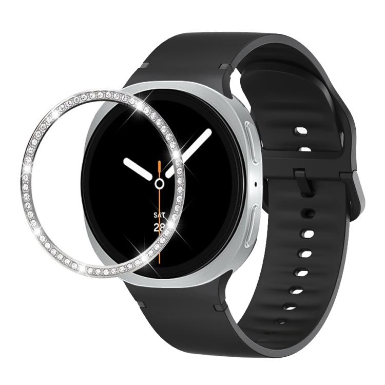 For Samsung Galaxy Watch8 40mm Diamond Bezel and Solid Color Stitched Silicone Watch Band(Black Silver)