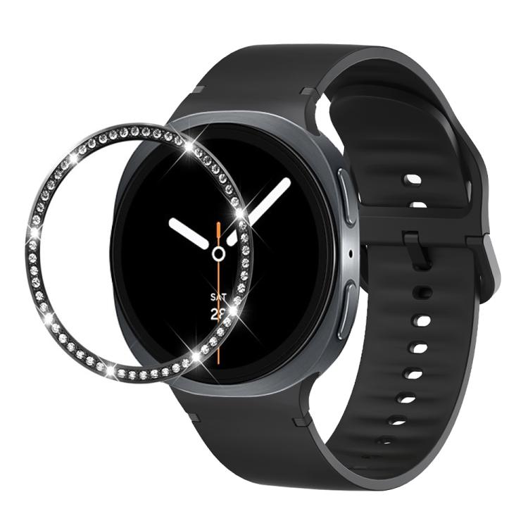 For Samsung Galaxy Watch8 40mm Diamond Bezel and Solid Color Stitched Silicone Watch Band(Black Black)