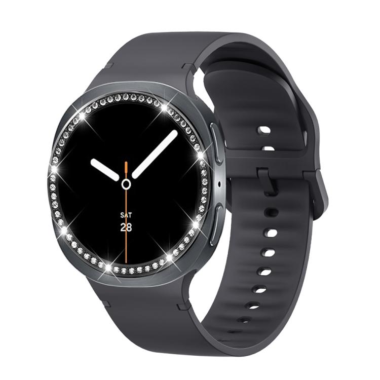 For Samsung Galaxy Watch8 40mm Diamond Bezel and Solid Color Stitched Silicone Watch Band(Dark Gray Black)