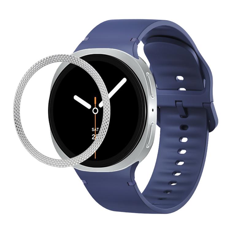 For Samsung Galaxy Watch8 40mm Rhombic Texture Bezel and Solid Color Stitched Silicone Watch Band(Midnight Blue Silver)