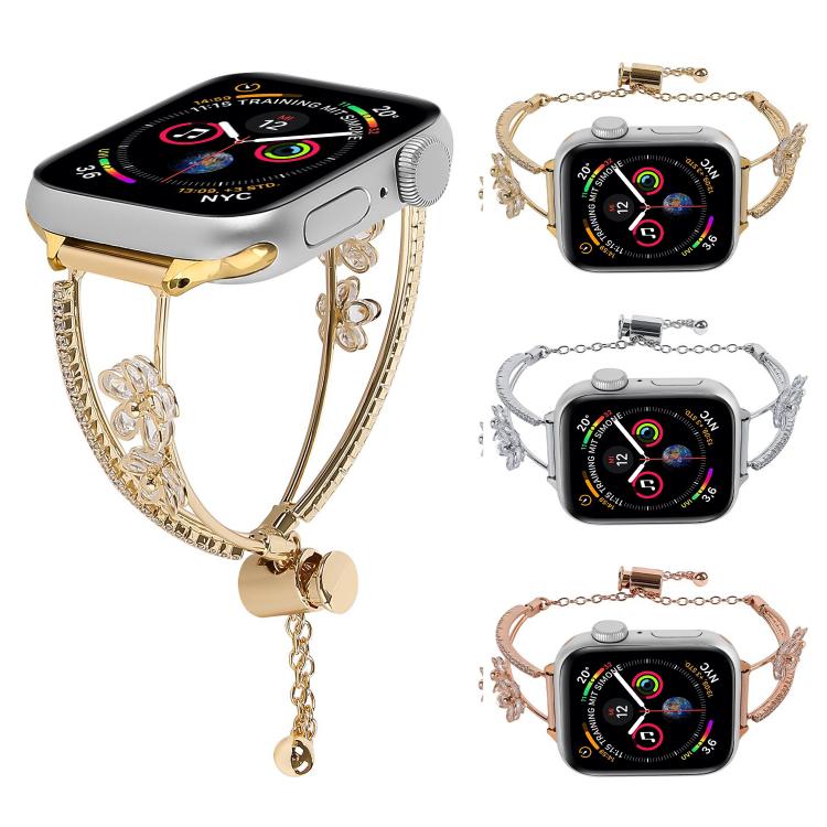 For Apple Watch 46mm / 49mm / 45mm / 44mm Copper-Inlaid Zircon 5-petal Flower Bracelet Watch Band(Silver)