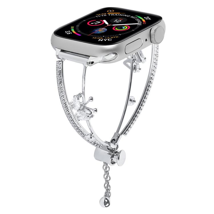 For Apple Watch 42mm / 41mm / 40mm / 38mm Copper-Inlaid Butterfly Zircon Bracelet Watch Band(Siver)