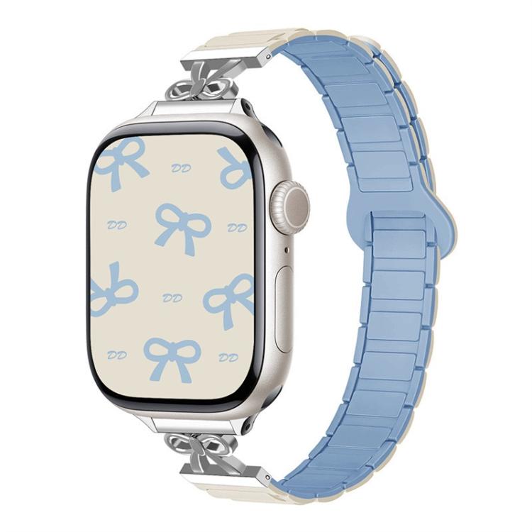 For Apple Watch 42mm / 41mm / 40mm / 38mm Bow Small Waist Magnetic Silicone Watch Band(Antique White with Misty Blue)