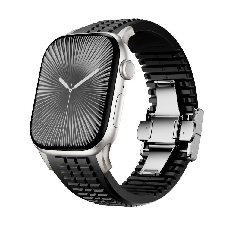 For Apple Watch 46mm / 49mm / 45mm / 44mm Knurled Texture Folding Buckle Silicone Watch Band(Titanium Black)