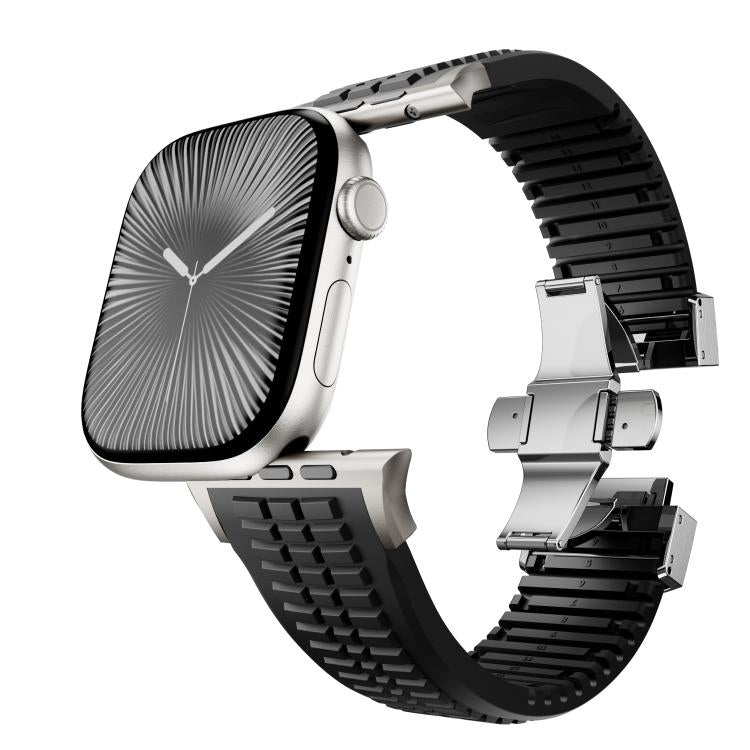 For Apple Watch 46mm / 49mm / 45mm / 44mm Knurled Texture Folding Buckle Silicone Watch Band(Titanium Black)