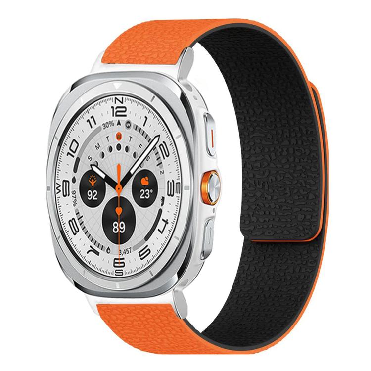 For Samsung Galaxy Watch Ultra 47mm / Ultra 2025 Lychee Texture Soft Magnetic Silicone Watch Band(Orange Black)