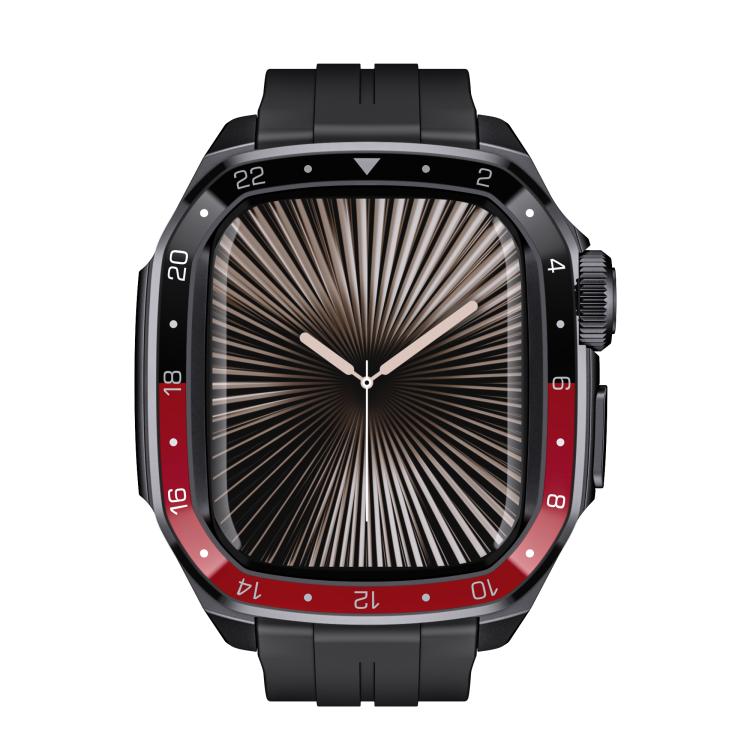 For Apple Watch Series 10 46mm Scale Model Integrated Metal Frame Silicone Watch Band(Black Frame Black Red Dial)