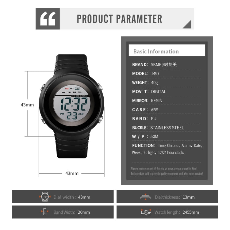 SKMEI 1497 Fashion Simple Backlight Single Display Electronic Watch Timing Alarm Watch(Black White)
