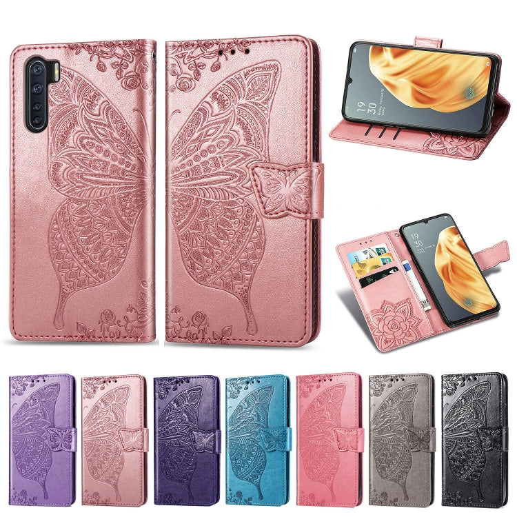 For OPPO F15/A91 Butterfly Love Flower Embossed Horizontal Flip Leather Case with Bracket / Card Slot / Wallet / Lanyard(Light Purple)