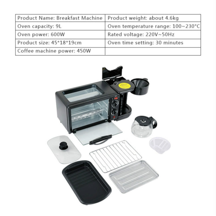 3 in 1 Electric Breakfast Machine Multifunction Coffee Maker + Frying Pan + Mini Oven Household Bread Pizza Oven(Black)
