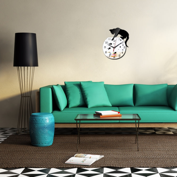 3D Acrylic Cat Mirror Wall Clock DIY Fashion Home Decoration(Silver Black)