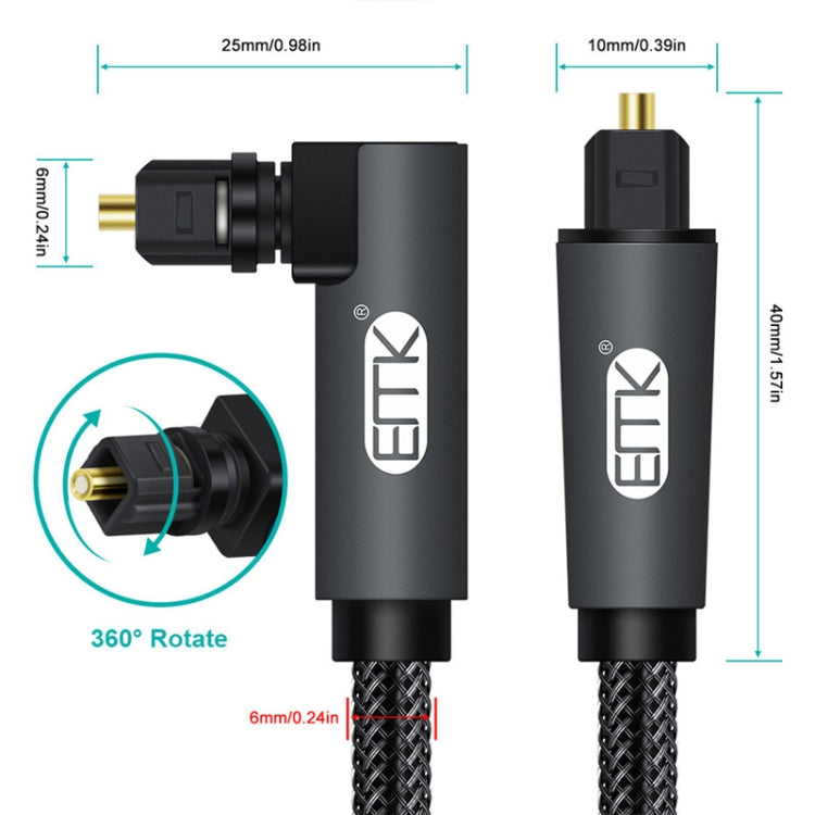 EMK 90 Degree Swivel Adjustable Right Angled 360 Degrees Rotatable Plug Nylon Woven Mesh Optical Audio Cable, Cable Length:1.5m(Black)