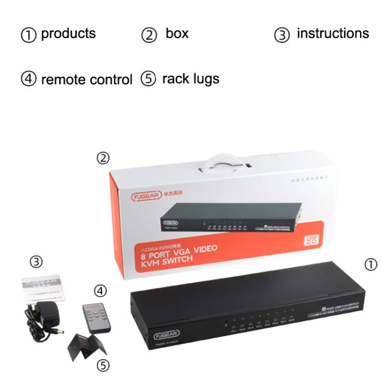 FJGEAR FJ-810UK 8 In 1 Out USB KVM Switcher With Desktop Switch, Plug Type:EU Plug(Black)