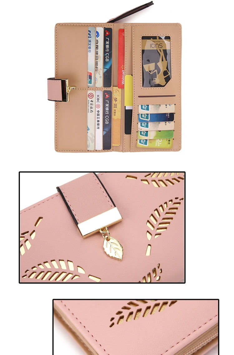 Long Gold Hollow Leaves Coin Purse Card Holders Wallet for Women(Apricot)