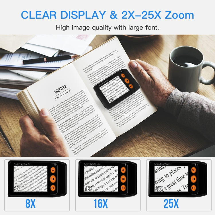 3.5 Inch 2X-25X High-Definition Handheld Magnifying Glass Electronic Vision Aid(Black)