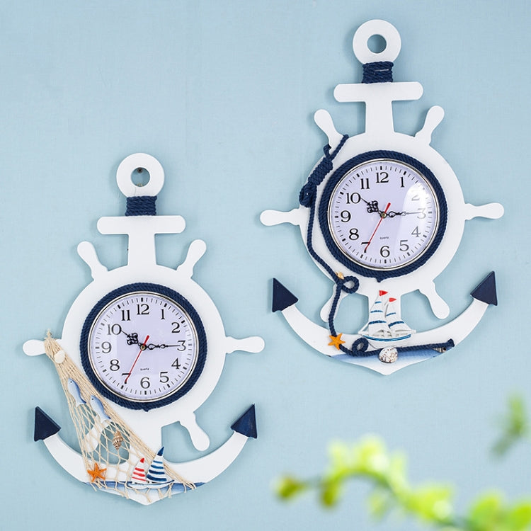 Mediterranean Style Blue And White Rudder Clock Wall Clock Home Living Room Bedroom Decoration Wooden Crafts, Style:Sailing