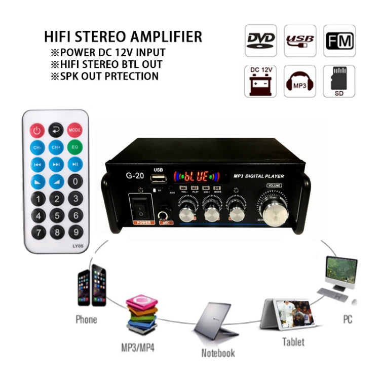 G20 Smart Digital Power Amplifier Built-In Bluetooth / USB / SD / FM Power Amplifier, EU Plug - by PMC Jewellery | Online Shopping South Africa | PMC Jewellery | Buy Now Pay Later Mobicred
