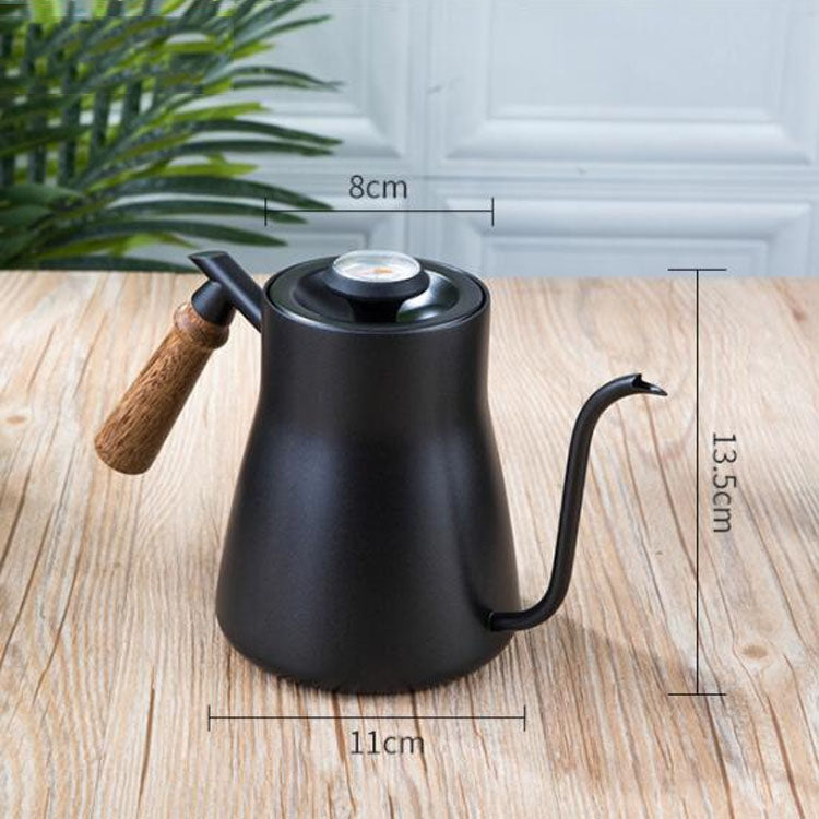 304 Stainless Steel Coffee Hand Pot Wooden Handle Coffee Pot Teflon Long-Mouth Slender Pot, Style: With Thermometer