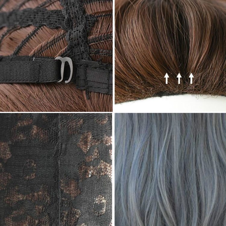 Wig Female Long Hair Big Wave Gradient Full Headgear(Gradient Fog Blue Gray 68CM)