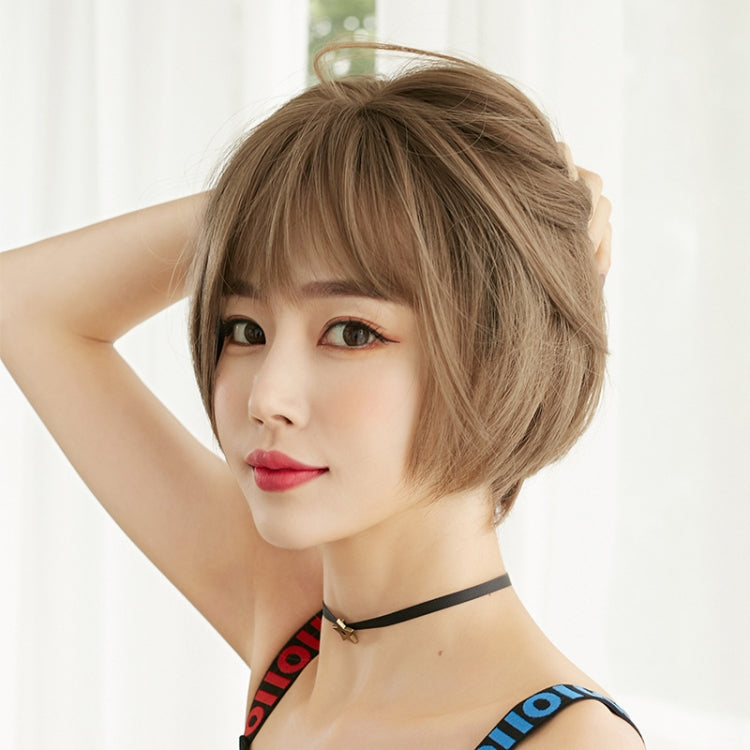 Wig Female Short Hair Round Face Full Top Headgear Short Hair Temperament Bangs Hair Cover(Honey Tea Flax 28CM) - free shipping - PMC TechLife - Order now!