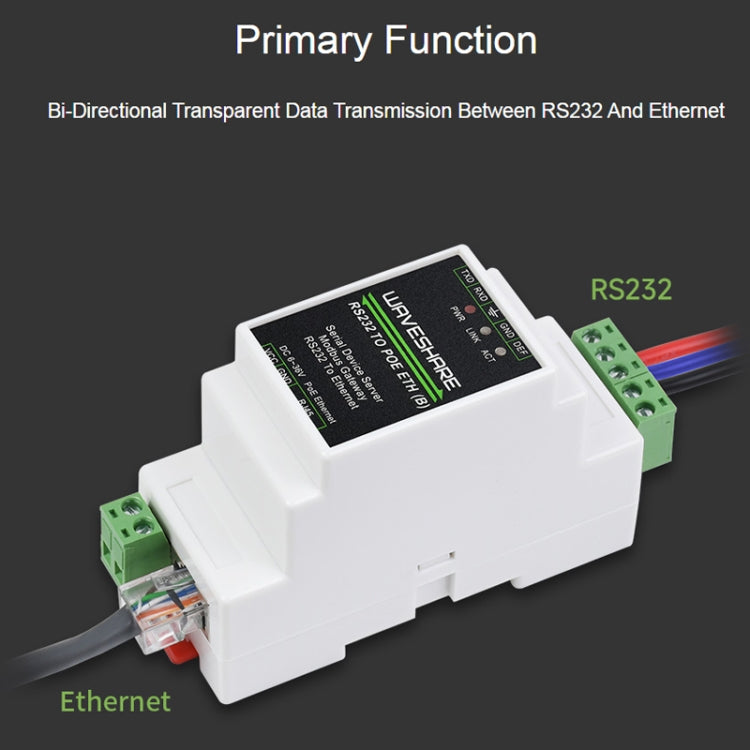 Waveshare 23951 Industrial Serial Server RS232 to RJ45 Ethernet TCP/IP to Serial with POE - free shipping - PMC Jewellery - Order now!