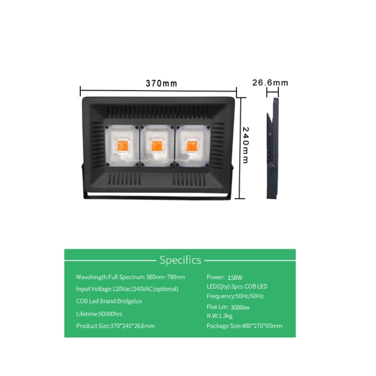 150W Ultra-Thin LED Plant Light, Full Spectrum COB Growth Light, Vegetable, Fruit & Flower Greenhouse Fill Light Without Plug