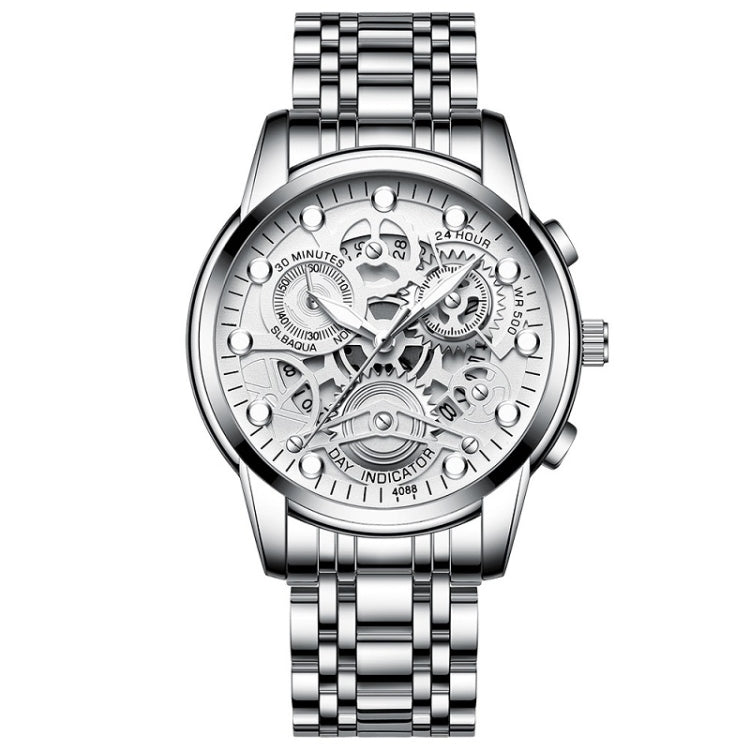 FNGEEN 4088 Men Hollow Quartz Watch Student Water-resistant Luminous Watch(White Steel White Surface)