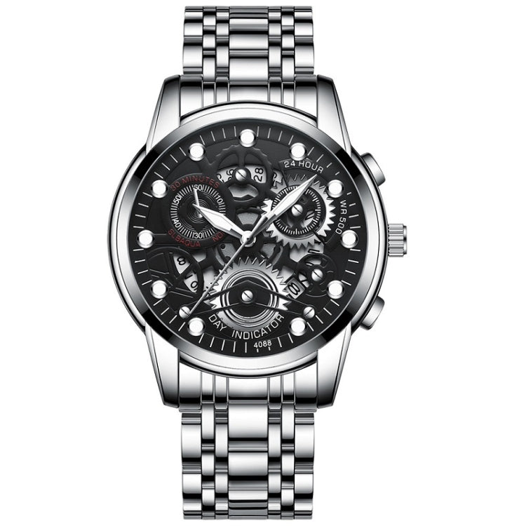FNGEEN 4088 Men Hollow Quartz Watch Student Water-resistant Luminous Watch(White Steel Black Surface)