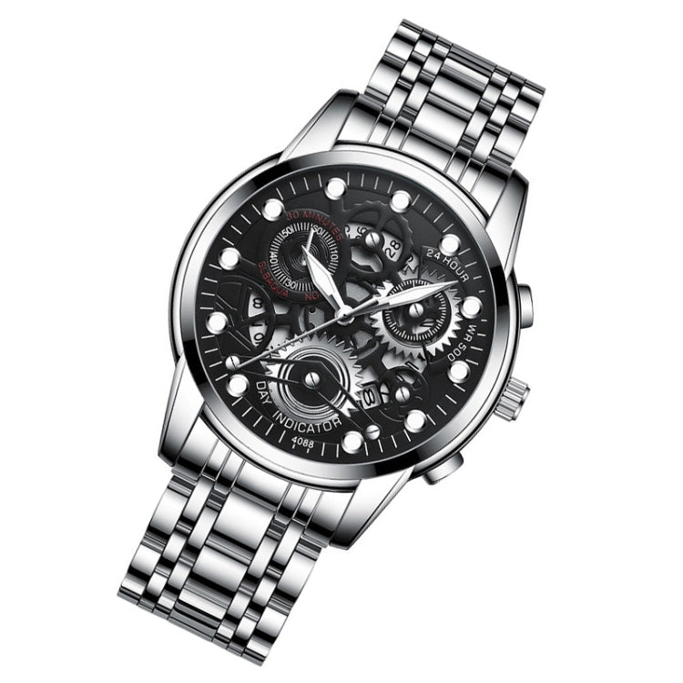 FNGEEN 4088 Men Hollow Quartz Watch Student Water-resistant Luminous Watch(White Steel Black Surface)
