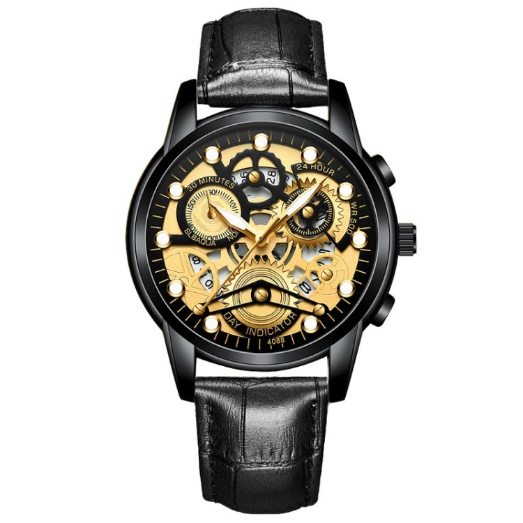 FNGEEN 4088 Men Hollow Quartz Watch Student Water-resistant Luminous Watch(All Black Surface Gold Nails)