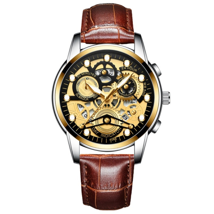 FNGEEN 4088 Men Hollow Quartz Watch Student Waterproof Luminous Watch(Brown Leather Gold Black Surface) - free shipping - PMC Jewellery - Order now!