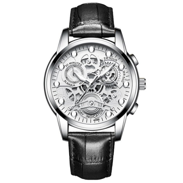 FNGEEN 4088 Men Hollow Quartz Watch Student Water-resistant Luminous Watch(Black Leather White Steel White Flour)