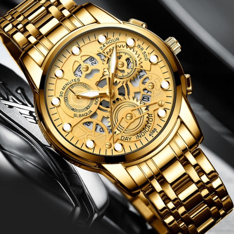 FNGEEN 4088 Men Hollow Quartz Watch Student Water-resistant Luminous Watch(Brown Leather Gold Surface)
