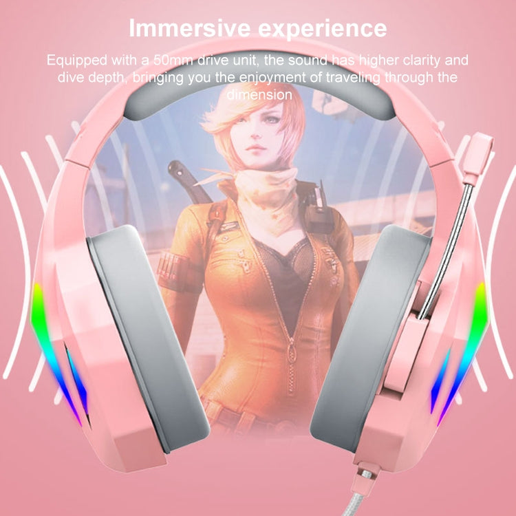 ERXUNG J5 Head-Mounted Gaming Headset Wire-Controlled Desktop Computer Gaming With Microphone Luminous Headset(Pink)