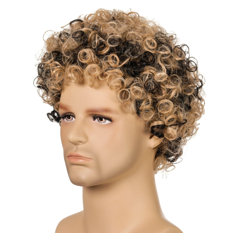 Men Wig Curls Hair Chemical Fiber Headgear(Brown+Black)