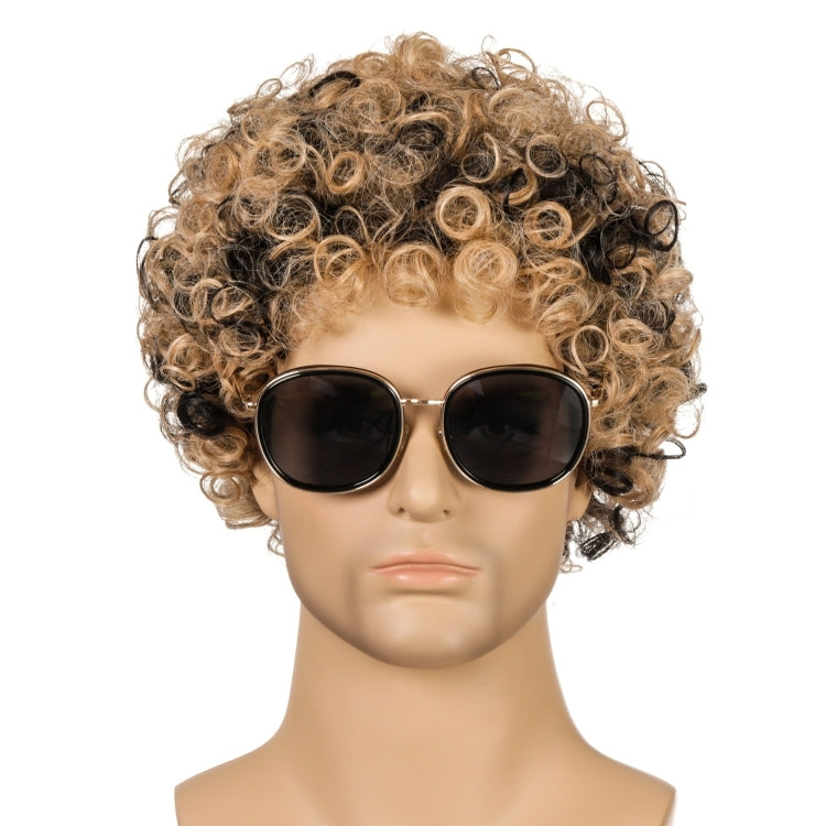 Men Wig Curls Hair Chemical Fiber Headgear(Brown+Black)