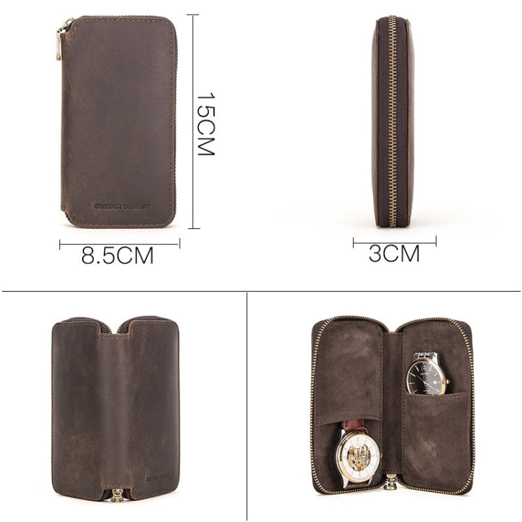 Contacts Family CF1114 Leather Watch Box Retro Crazy Horse Leather Zipper Couple Watch Bag(Coffee)