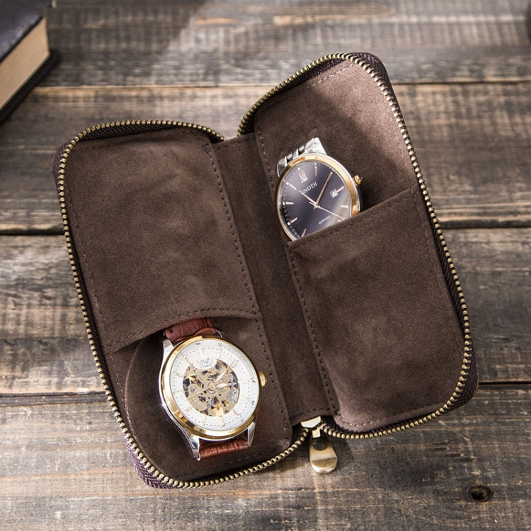Contacts Family CF1114 Leather Watch Box Retro Crazy Horse Leather Zipper Couple Watch Bag(Coffee)