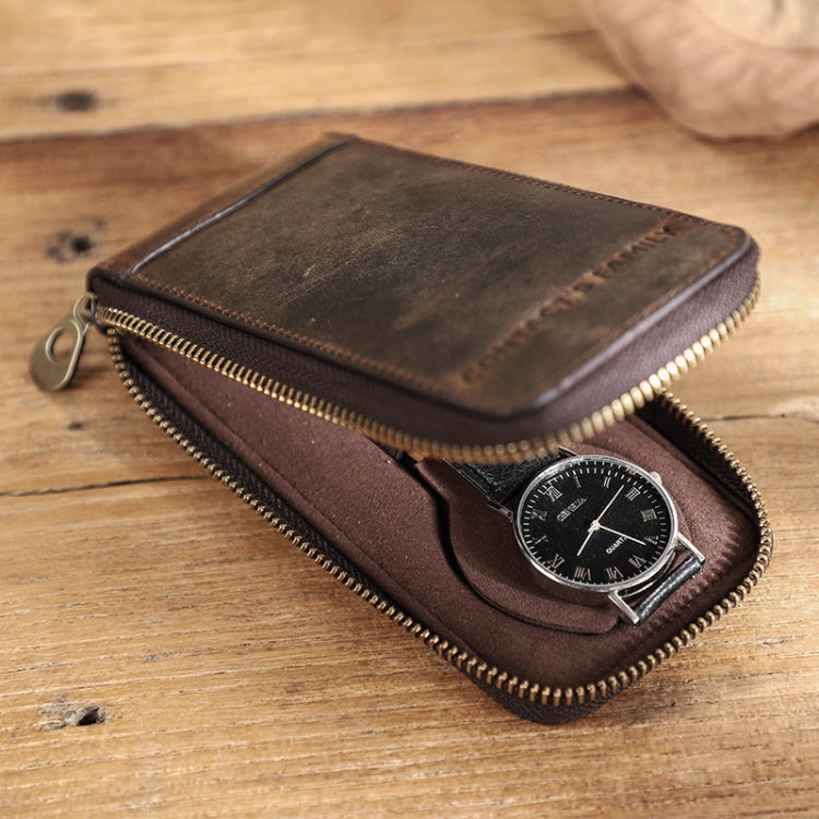 Contacts Family CF1121 Retro Crazy Horse Leather Watch Storage Box Single Watch Seat Portable Watch Zipper Bag(Coffee)