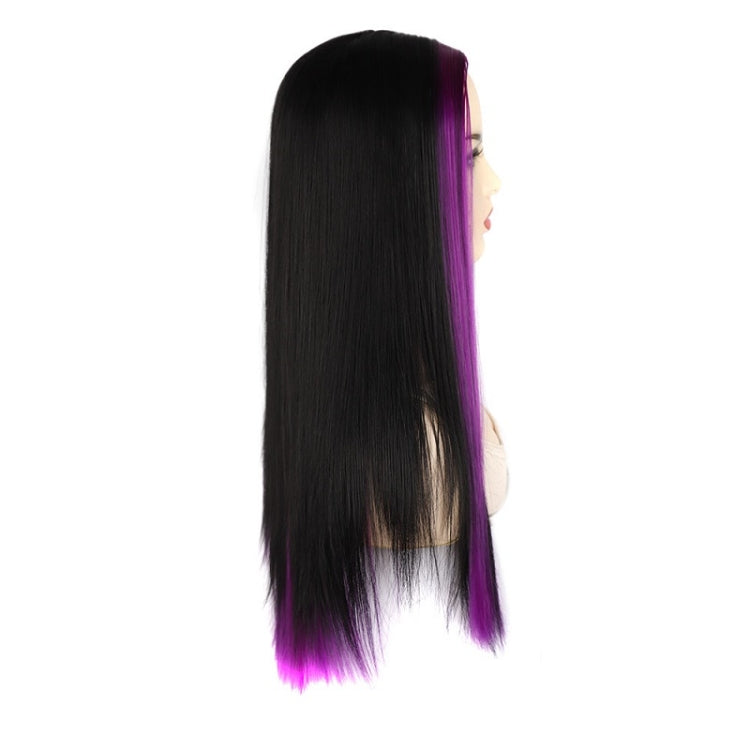 Fashion Medium Haircut Side Bangs Highlight Color Long Straight Wig(Black Pink)