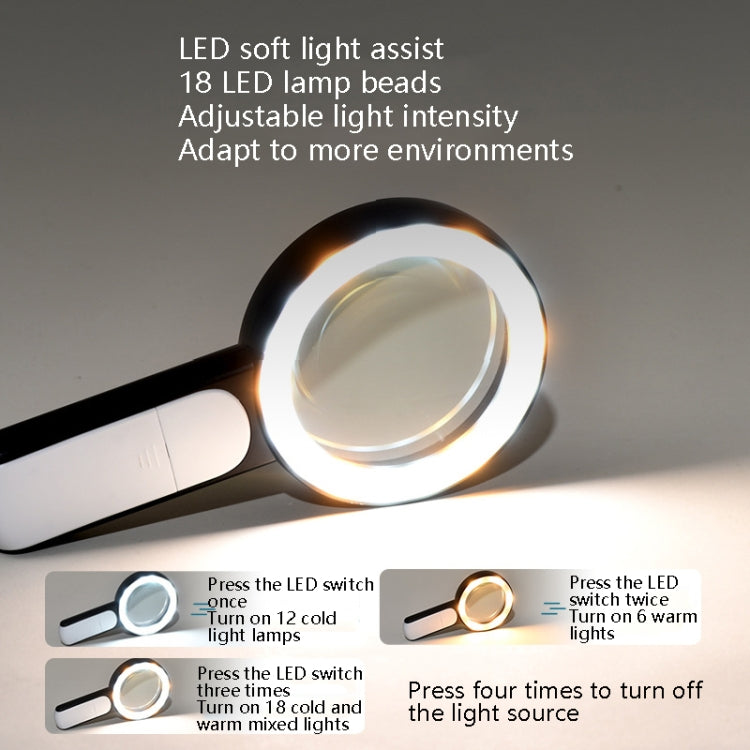 30 Times 18 LED Cool Warm Light HD Elderly Reading Repair Glass Magnifier(Black White) - Hand Held Style by PMC TechLife | Online Shopping South Africa | PMC TechLife | Buy Now Pay Later Mobicred