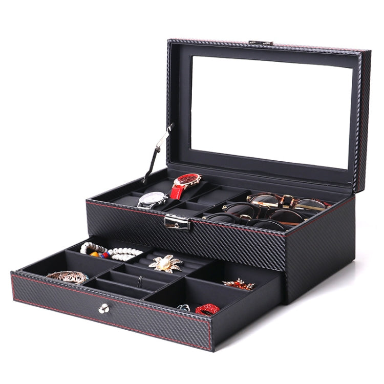 Carbon Fiber PU Leather Watch Box Jewelry Storage Box Packaging Box, Style: Double-layer
