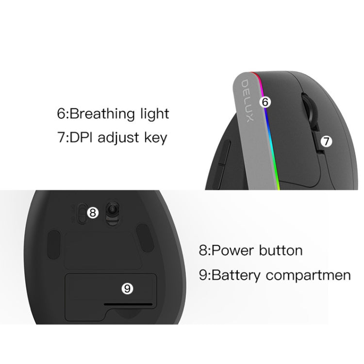 DELUX M618C 6 Keys 1600 DPI RGB Vertical Wireless Bluetooth Dual Mode Mouse(White)