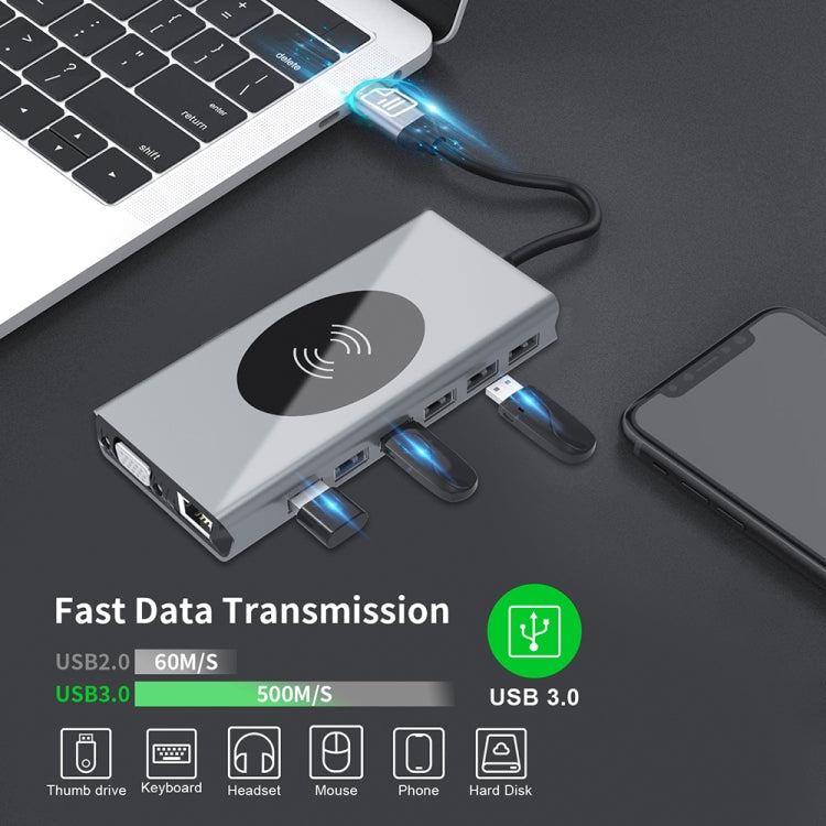 BX15W USB HUB Type-C Docking Station with Wireless Charge Function(15 in 1)