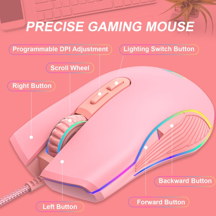E32 7 Keys 3200 DPI Pink Girls RGB Glowing Wired Mouse Gaming Mouse, Interface: Type-C