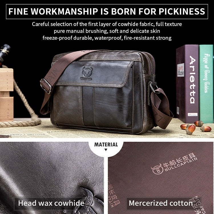 BULL CAPTAIN Double Layer Leather One Shoulder Messenger Bag For Men(Iron Blue)