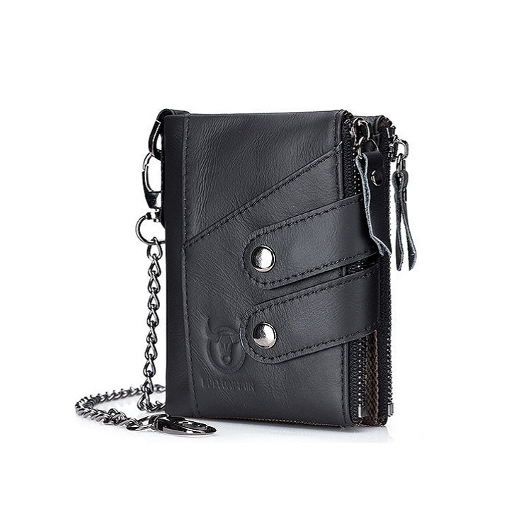 BULL CAPTAIN Leather Three-fold Zipper Wallet For Men(Black)